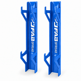 J Fab jack stand wall rack pair in Polaris Voodoo Blue powder coat with laser-cut J FAB OFFROAD logo
