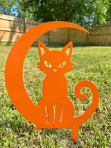 Cat and Crescent Moon Metal Yard Stake — Halloween Orange