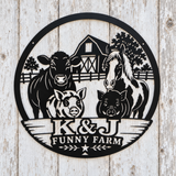 K&J Funny Farm personalized metal sign with cow, horse, two pigs and barn on a pale wood wall