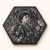 Goonies Data design on an engraved hexagon slate coaster