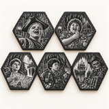 Five different Goonies hexagon slate coasters: Sloth, Chunk, Mikey, Data and One-Eyed Willy
