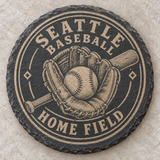 Seattle Mariners engraved slate coaster — Home Field glove, baseball and bat