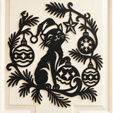 Christmas Cat Wreath Metal Wall Art with Evergreen Branches and Ornaments