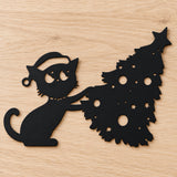 Santa Hat Cat and Christmas Tree Metal Wall Art