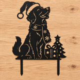 Christmas Retriever Metal Garden Stake with Santa Hat, Scarf, Gift and Tree