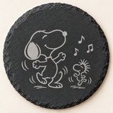 Snoopy and Woodstock engraved slate coaster — Happy dance