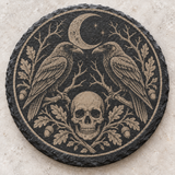 Halloween Skull and Raven Engraved Round Slate Coaster design 5
