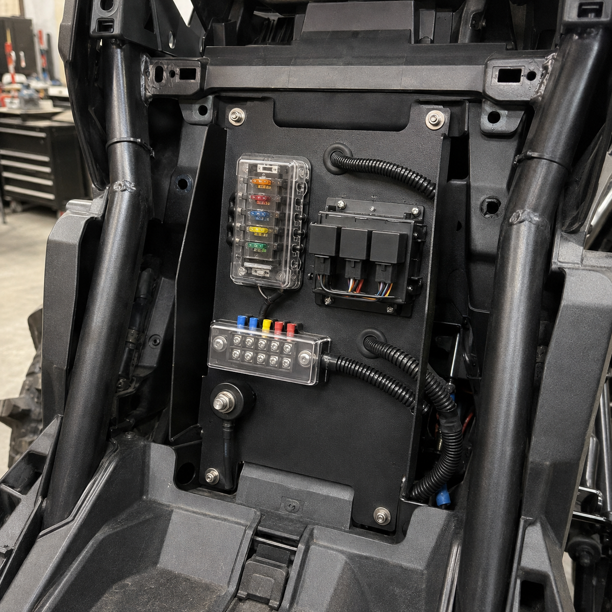 J Fab Kawasaki KRX 1000 electrical distribution panel installed, concept image