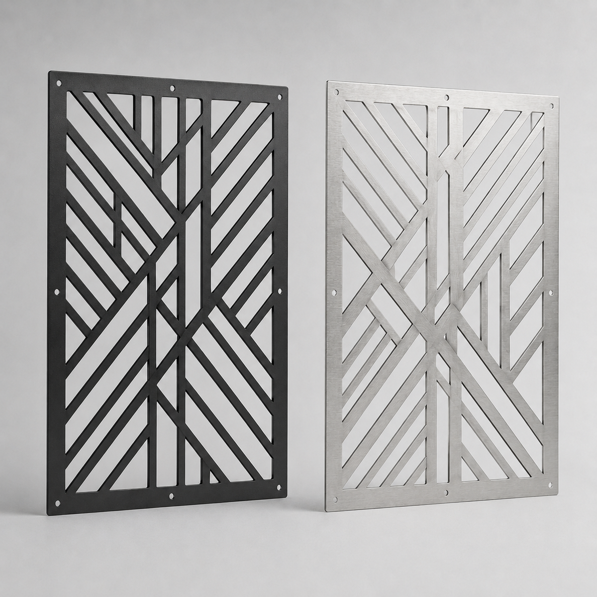 Two thin flat decorative metal insert panels with geometric cut patterns