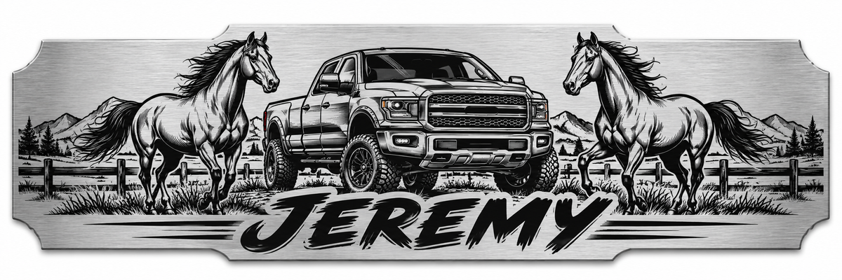 Personalized horse and pickup hardhat nameplate with ranch scenery