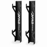 J Fab jack stand wall rack pair in black powder coat with laser-cut J FAB OFFROAD logo