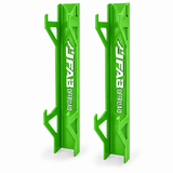 J Fab jack stand wall rack pair in Kawasaki Green powder coat with laser-cut J FAB OFFROAD logo