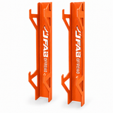 J Fab jack stand wall rack pair in orange powder coat with laser-cut J FAB OFFROAD logo