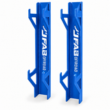 J Fab jack stand wall rack pair in Polaris Velocity Blue powder coat with laser-cut J FAB OFFROAD logo