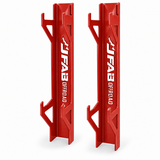 J Fab jack stand wall rack pair in red powder coat with laser-cut J FAB OFFROAD logo