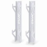 J Fab jack stand wall rack pair in white powder coat with laser-cut J FAB OFFROAD logo