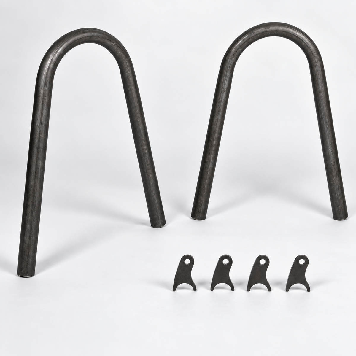J Fab Tall DOM Shock Hoop Kit with two extended-height raw-steel hoops and four offset shock tabs