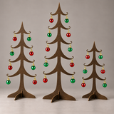 Three bronze metal ornament trees with 24 red and green mini ornaments and removable cross feet