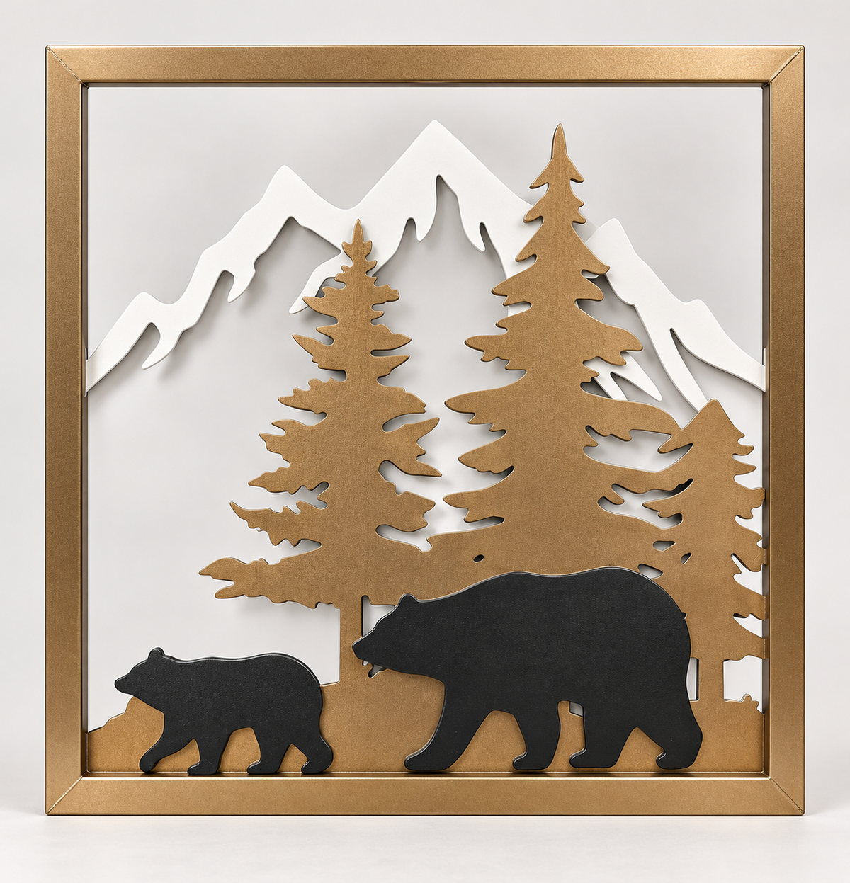 Framed Bear Family Mountain Metal Wall Art — all-metal product rendering