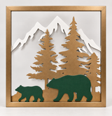 Framed Bear Family Mountain Metal Wall Art — Forest Green