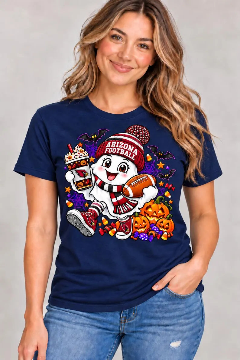 Arizona Halloween football ghost design on a blue Gildan T-shirt