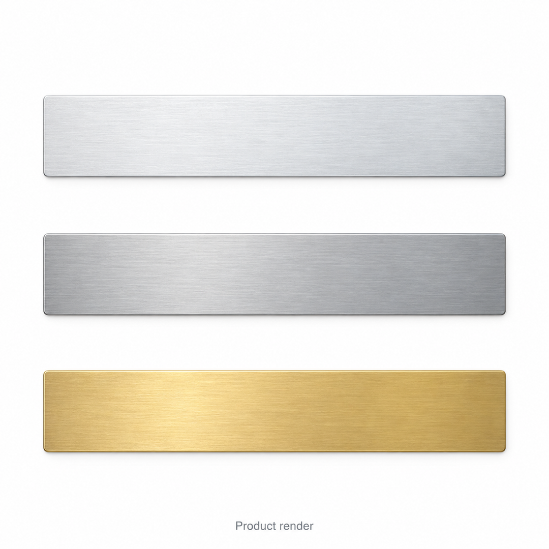 Bookmark Engraving Blanks — proposed family product render in bare aluminum, stainless steel and brass; shared family overview