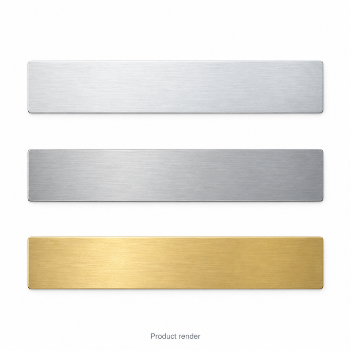 Bookmark Engraving Blanks — proposed family product render in bare aluminum, stainless steel and brass; shared family overview