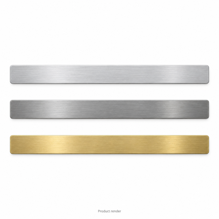 Bracelet Engraving Blanks — approved family product render showing bare aluminum, stainless steel and brass; illustrative overview, not a size drawing
