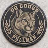 Washington State Cougars engraved slate coaster — Go Cougs natural cougar portrait