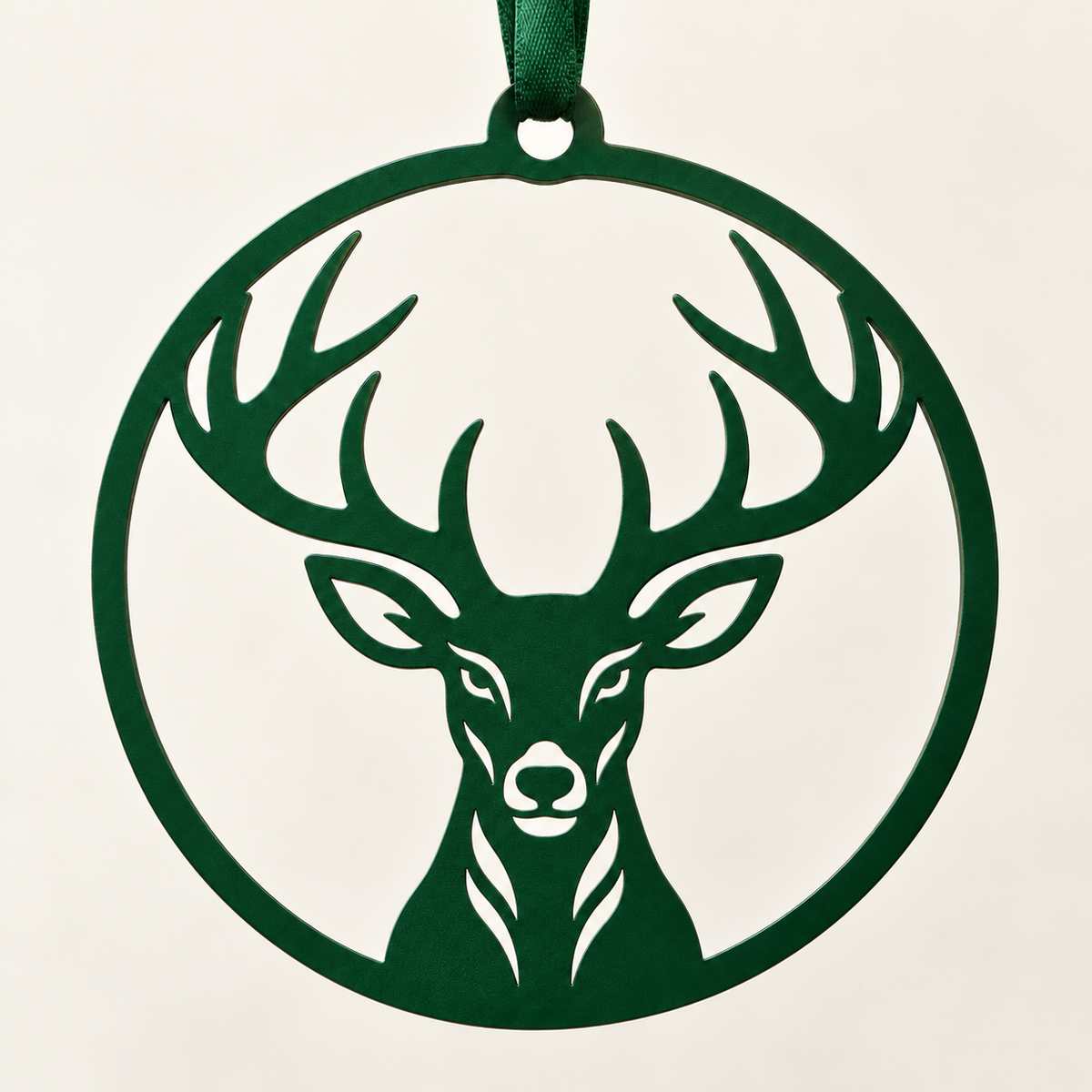 Green powder-coated deer and antler metal ornament with cut-through face detail