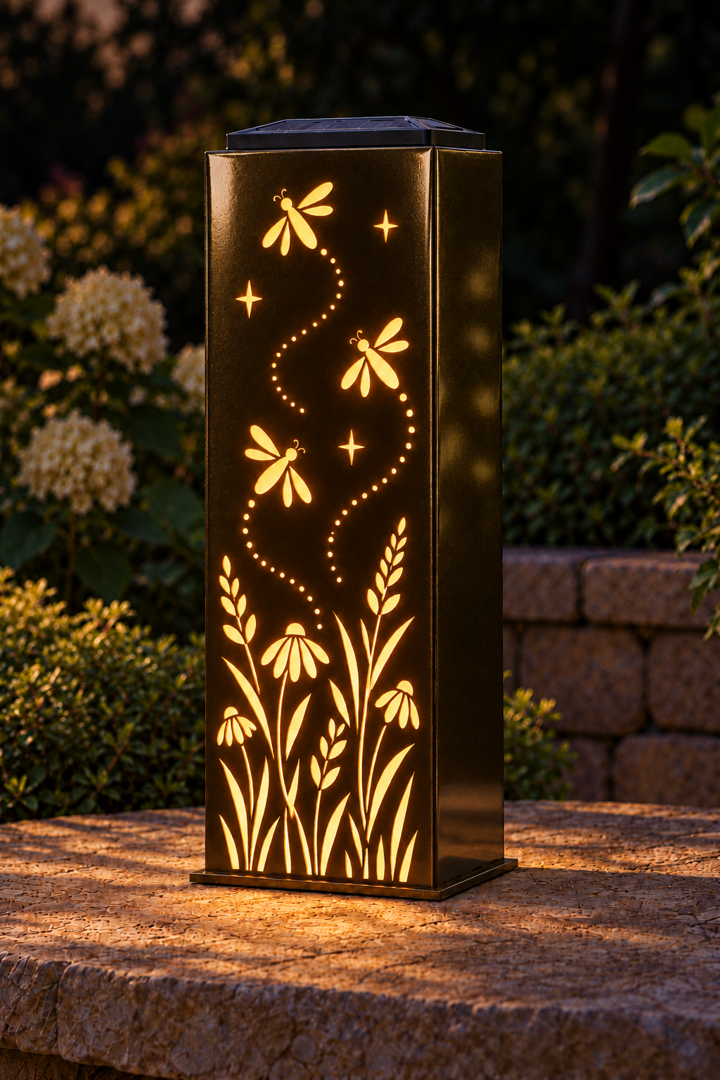 Firefly Wildflower Meadow Powder-Coated Steel Luminary in Golden Bronze powder coat, illuminated against a dark background