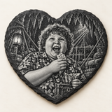 Goonies Chunk design on an engraved heart slate coaster