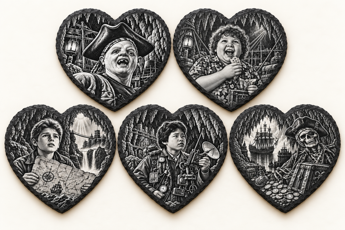 Five different Goonies heart slate coasters: Sloth, Chunk, Mikey, Data and One-Eyed Willy