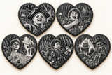 Five different Goonies heart slate coasters: Sloth, Chunk, Mikey, Data and One-Eyed Willy