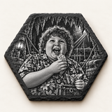 Goonies Chunk design on an engraved hexagon slate coaster