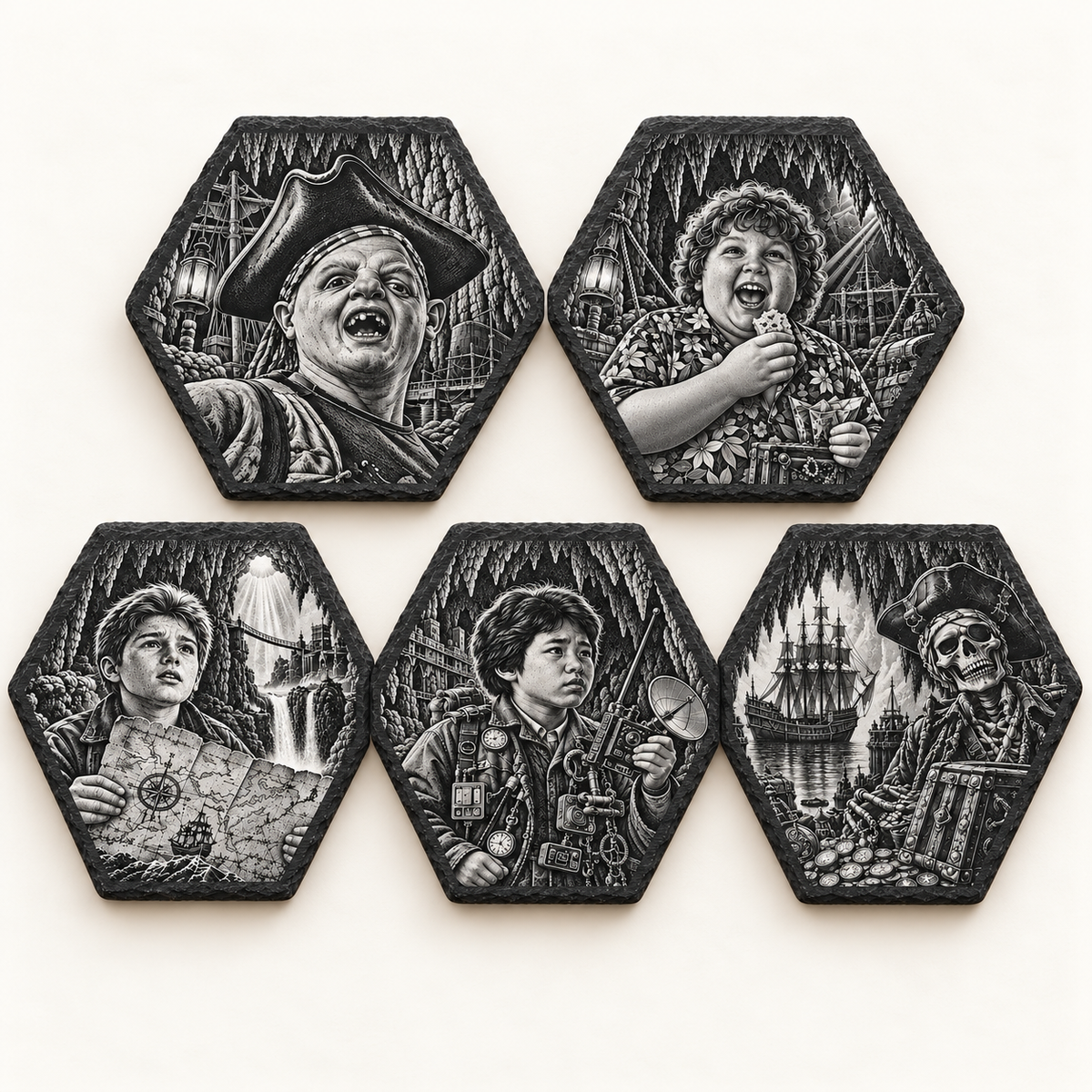 Five different Goonies hexagon slate coasters: Sloth, Chunk, Mikey, Data and One-Eyed Willy