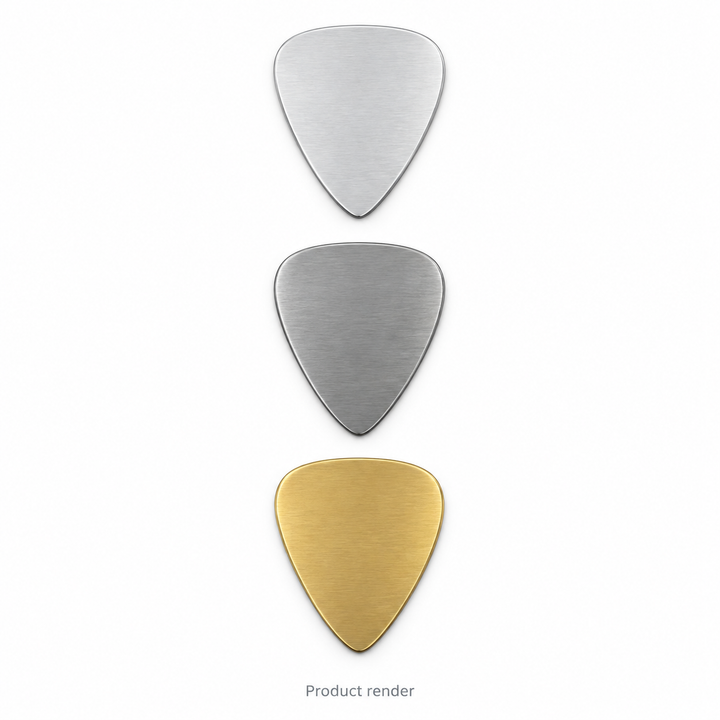 Guitar Pick Engraving Blanks — proposed family product render in bare aluminum, stainless steel and brass; shared family overview