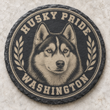 Washington Huskies engraved slate coaster — Husky Pride dog portrait