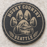 Washington Huskies engraved slate coaster — Husky Country wilderness paw