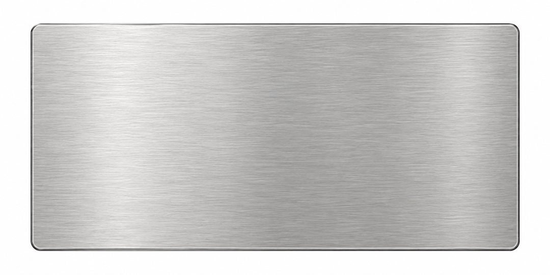 Illustrative render — stainless ID plate blank, no-hole option. Refer to selected dimensions; render is not a dimensioned drawing or manufactured-stock photo.