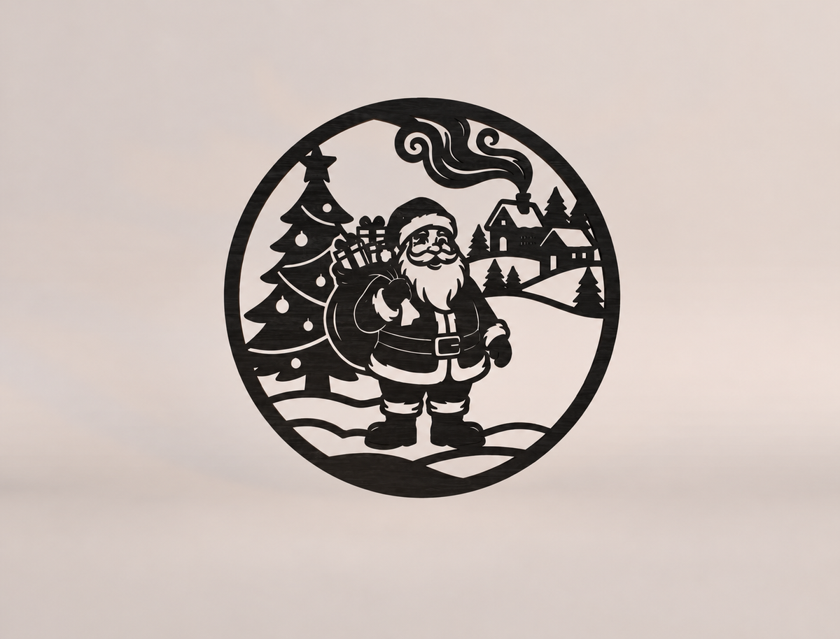 Santa and Christmas Village Round Metal Sign