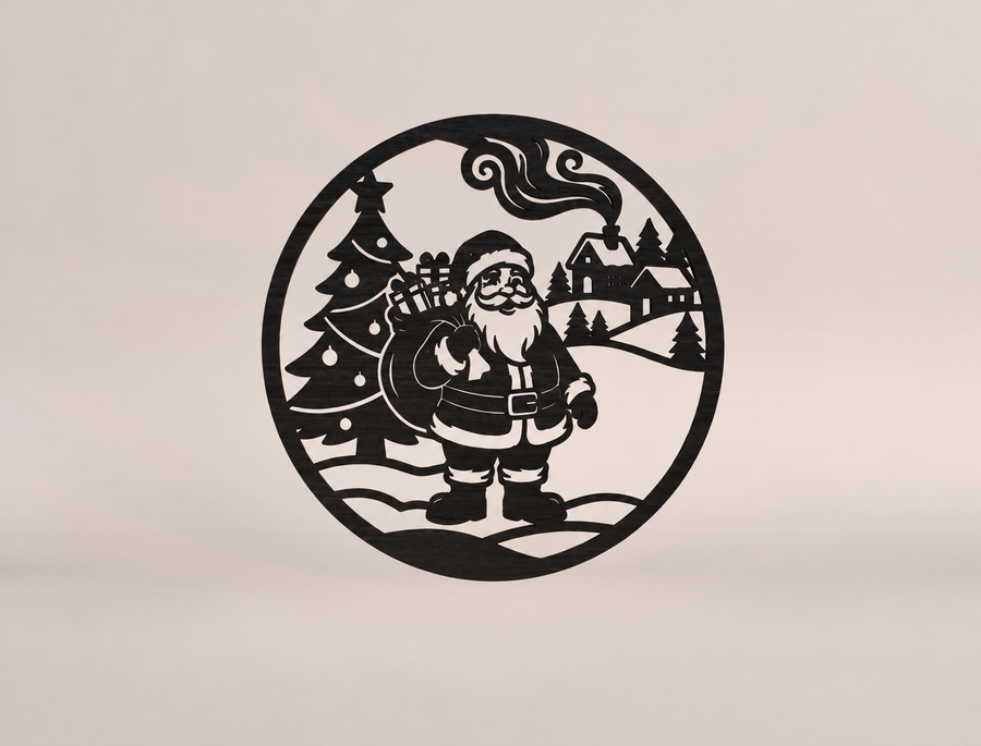 Santa and Christmas Village Round Metal Sign