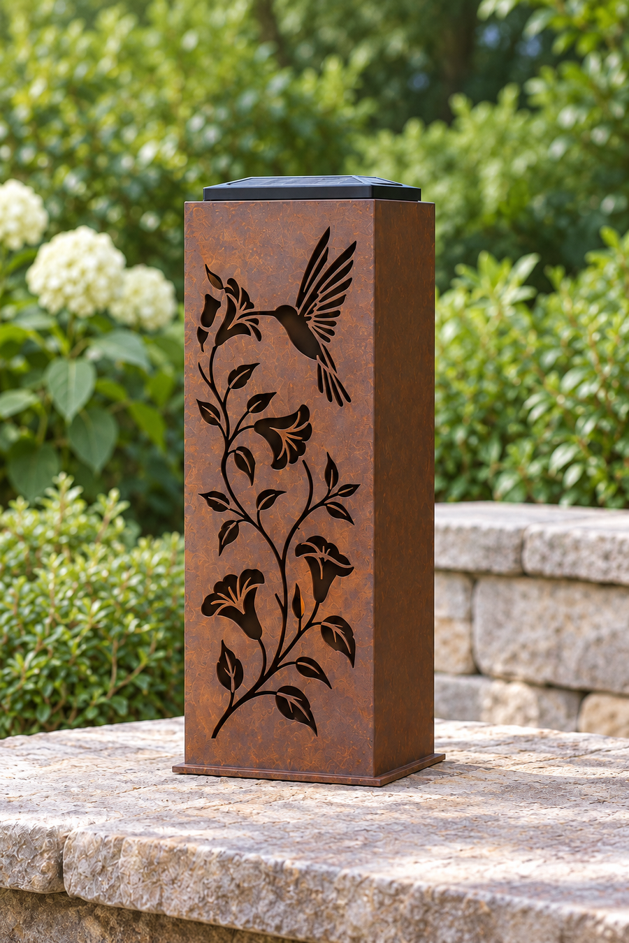 One-sided Hummingbird Vine luminary, decorated front with plain adjacent panel