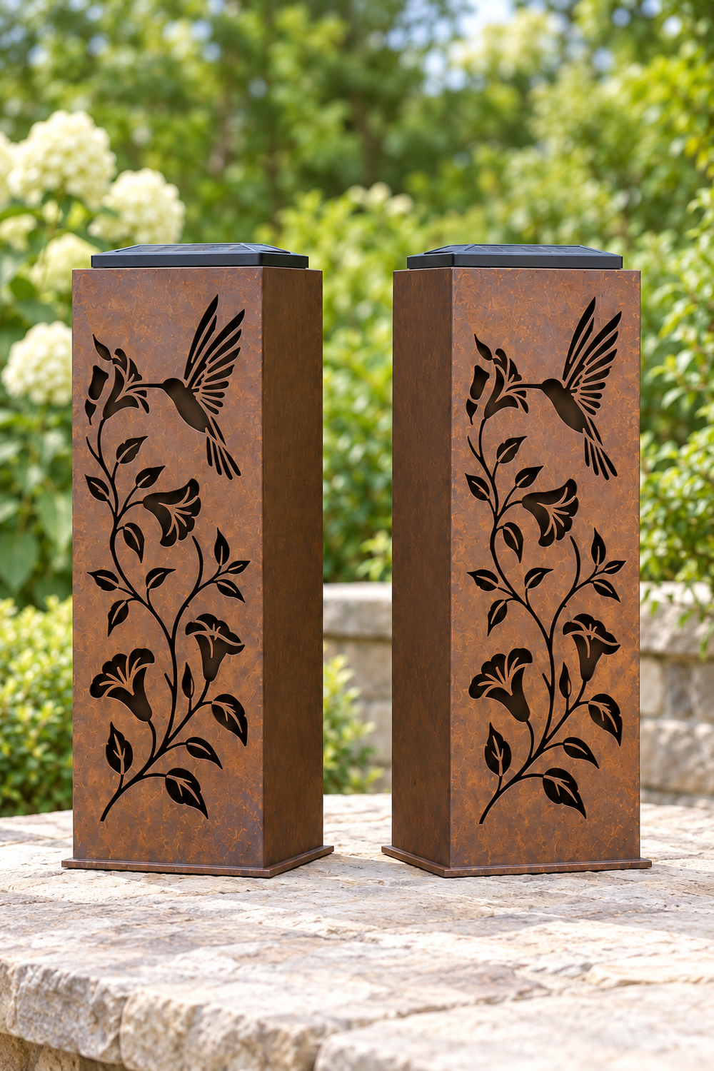 Two-sided Hummingbird Vine luminary, opposite decorated faces shown from both sides