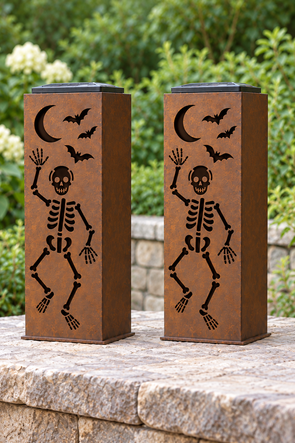 Two-sided Dancing Bones luminary, opposite decorated faces shown from both sides