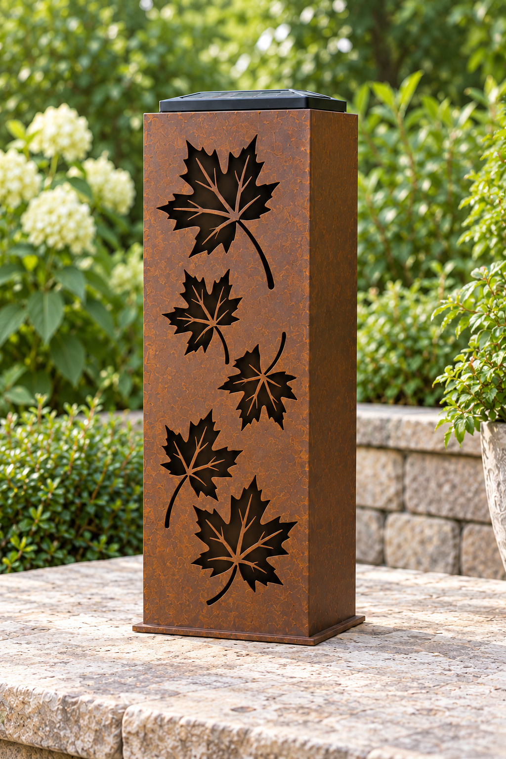 One-sided Maple Fall luminary, one decorated face and plain adjacent panel