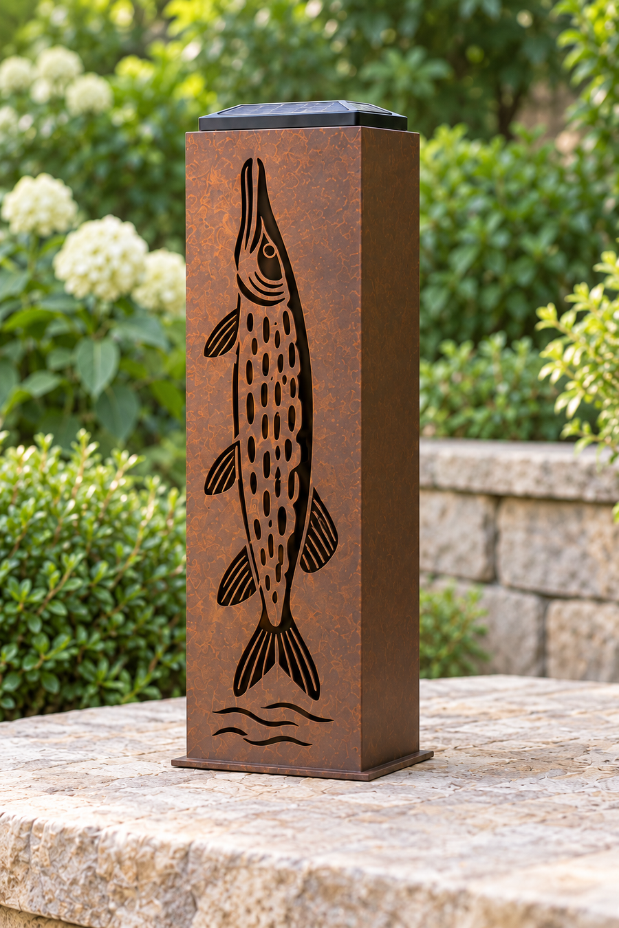 One-sided Northern Pike luminary, one decorated face and plain adjacent panel