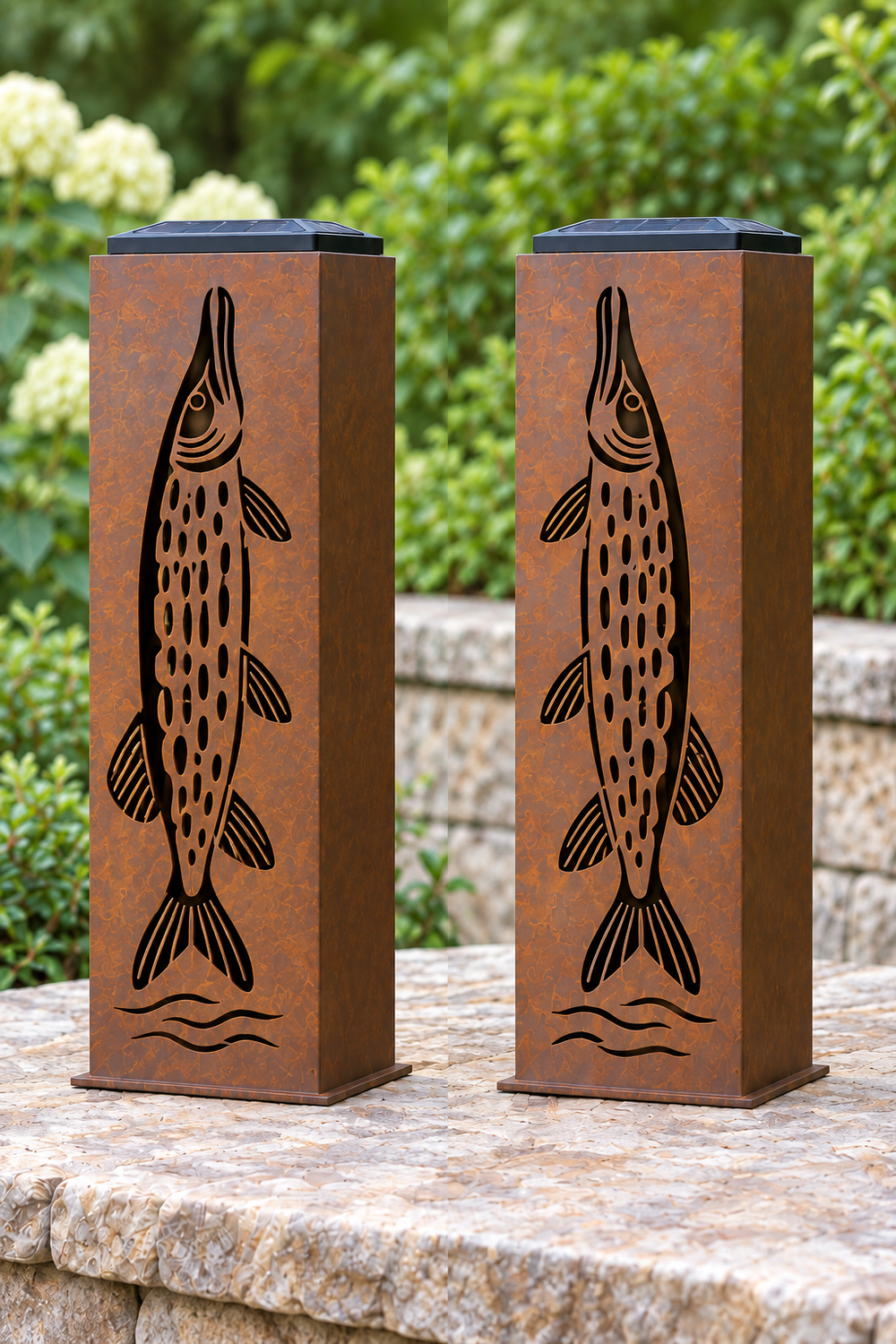 Two-sided Northern Pike luminary, opposite decorated faces shown from both sides