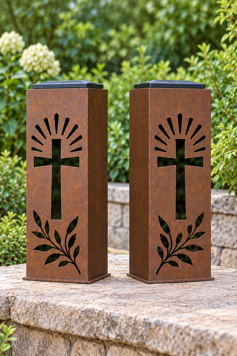 Two-sided Cross Of Light luminary, opposite decorated faces shown from both sides