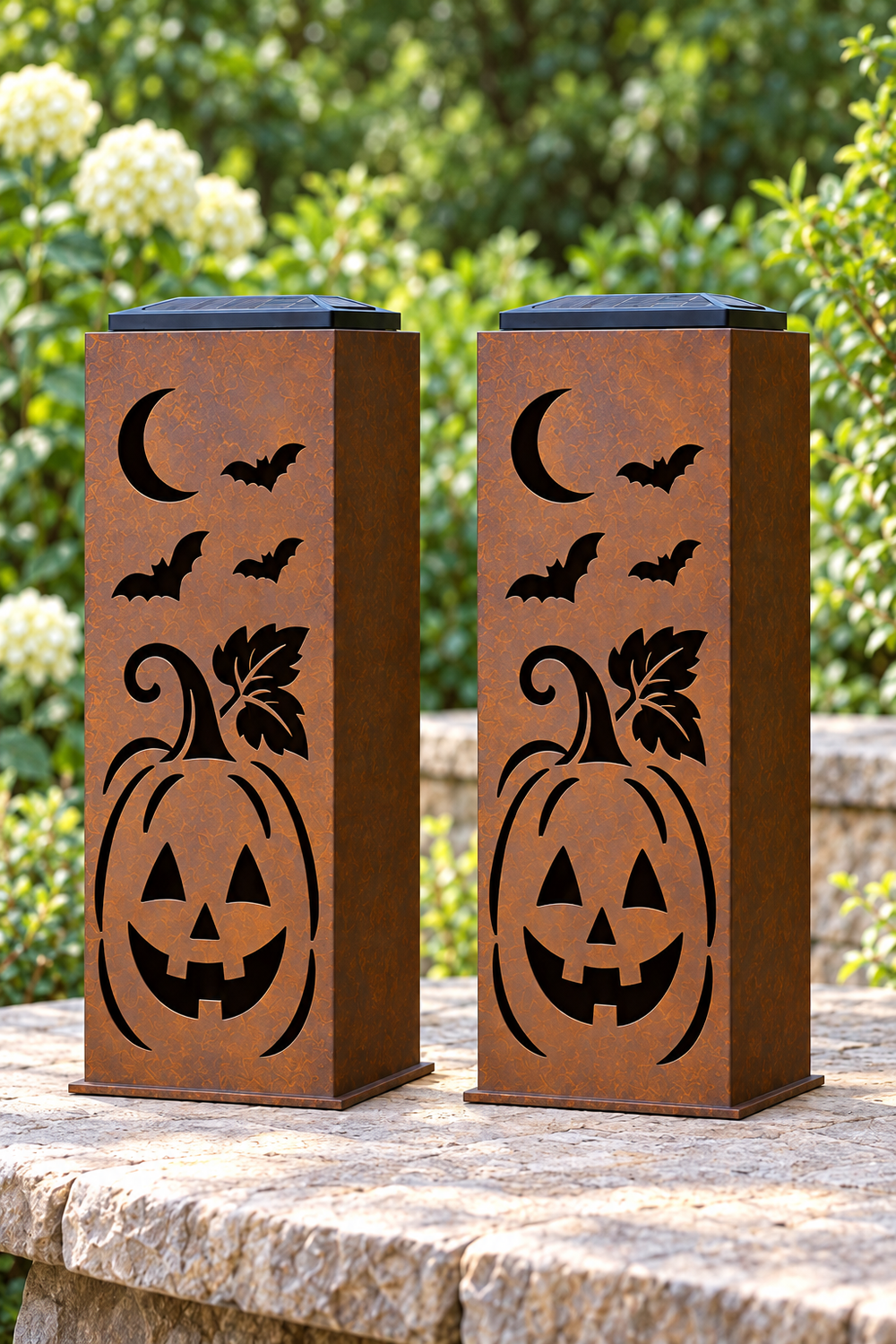 Two-sided Harvest Grin luminary, opposite decorated faces shown from both sides
